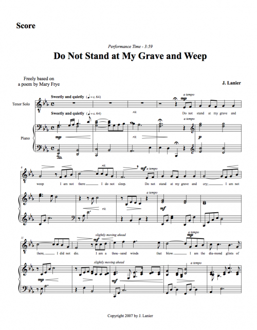 Do Not Stand at My Grave and Weep for Tenor Voice and Piano Lanier Do Not Stand at My Grave and Weep for Tenor Voice and Piano Lanier